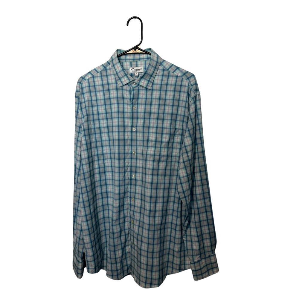Peter Millar Summer Comfort Shirt Mens Large Green Blue Plaid Performance Golf